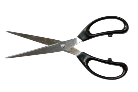 
A pair of scissors with black plastic handles on a transparent background