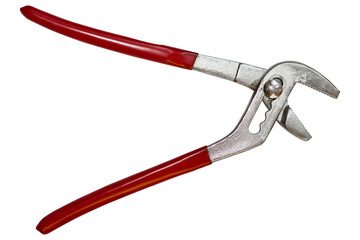 A red pliers wrench isolated on a transparent background