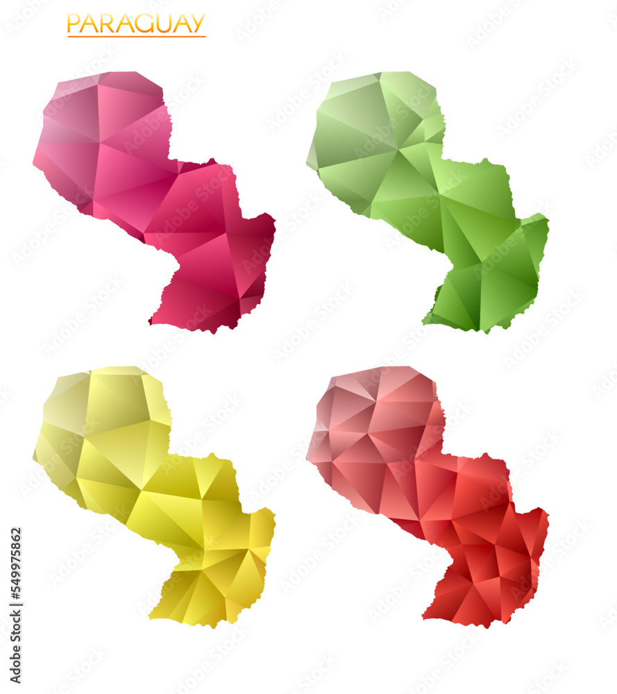 Poster set of vector polygonal maps of paraguay. bright gradient map of the country in a low poly style. mu