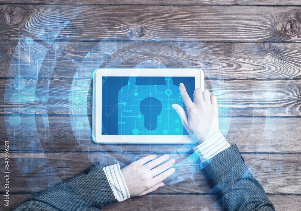Poster concept of computer access with media lock icon on tablet screen