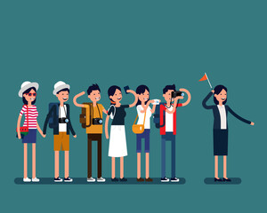 Guide tour and group of tourists. Vector people travel concept