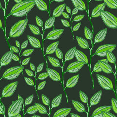 Freehand branches with leaves seamless pattern. Hand drawn organic background. Decorative forest leaf endless wallpaper.