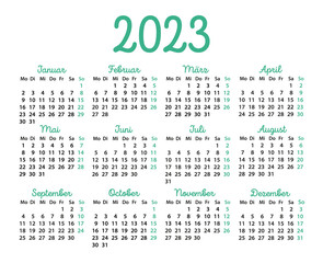 Calendars in German for  2023 on a white background. Calendar grids, pocket calendar. Vector illustration. The week starts on Monday.