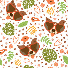Fototapeta premium Valentines day dog pattern with funny dog wears sunglasses in heart shape into tropical jungle leaves full of romantic lips and kisses. Romantic puppy repeat background Vector illustration wallpaper.
