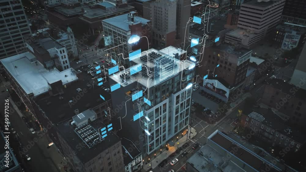 Poster technology, data grid surrounding a metropolitan city building - 3d render