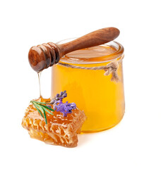 Liquid honey with lavender herbal on white backgrounds.
