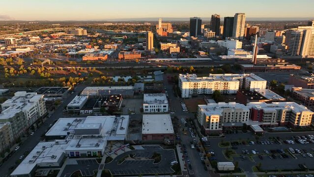 Birmingham Alabama skyline at golden hour. Aerial truck shot.
