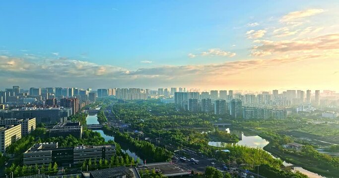 Aerial footage of city skyline and modern buildings scenery in Ningbo at sunrise, Zhejiang Province, China. 