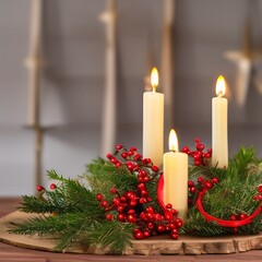 Burning candles on Advent wreath with candles for Advent and Christmas. Decoration with Advent candles, fir branches, cones, baubles and wooden table. 