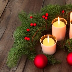 Obraz na płótnie Canvas Burning candles on Advent wreath with candles for Advent and Christmas. Decoration with Advent candles, fir branches, cones, baubles and wooden table. 