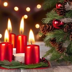 Burning candles on Advent wreath with candles for Advent and Christmas. Decoration with Advent candles, fir branches, cones, baubles and wooden table. 