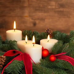 Burning candles on Advent wreath with candles for Advent and Christmas. Decoration with Advent candles, fir branches, cones, baubles and wooden table. 