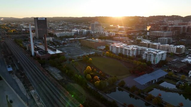 Birmingham Alabama southern city in USA. Aerial in autumn at sunrise.