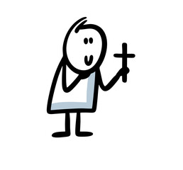 A religious man in the church holds a cross and performs the rite.