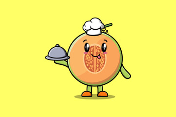 Cute Cartoon chef Melon mascot character serving food on tray cute style design illustration