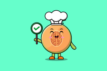 Cute cartoon Melon chef character holding correct sign board in vector character illustration