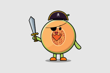 Cute cartoon mascot character Melon pirate with hat and holding sword in modern design