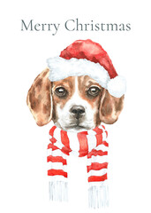 Watercolor Christmas Dog illustration, new year greeting card, poster,print, sticker. Cat in hat,clothes, santa hat, scarf, glasses, bow,Merry Christmas lettering, New year, Xmas printable diy