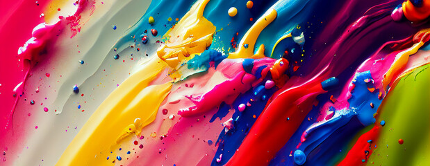 panorama Exploding liquid paint in rainbow colors with splashes 18 generative ai illustration - obrazy, fototapety, plakaty