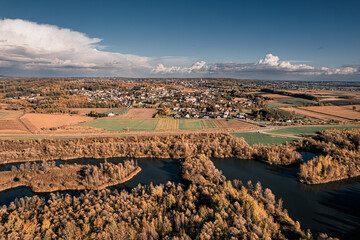 Suchy zbiornik przeciwpowodziowy, Polder Buków panorama z lotu ptaka jesienią z okolic wsi Bluszczów w gminie Gorzyce na Śląsku w Polsce