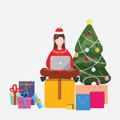 Modern woman shopping online from the laptop for Christmas gifts. Great design for cards, backgrounds, banners, vouchers, web advertisements.