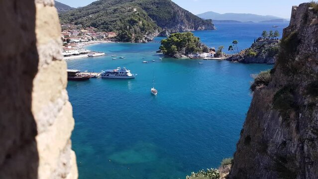 View from the Venetian Castle in the Greek town of Parga on the blue Mediterranean