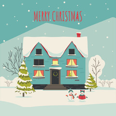 Suburban house covered snow with cute snowmen in flat vector illustration. Building in holiday  decoration. Merry Christmas holiday, xmas celebration in winter landscape