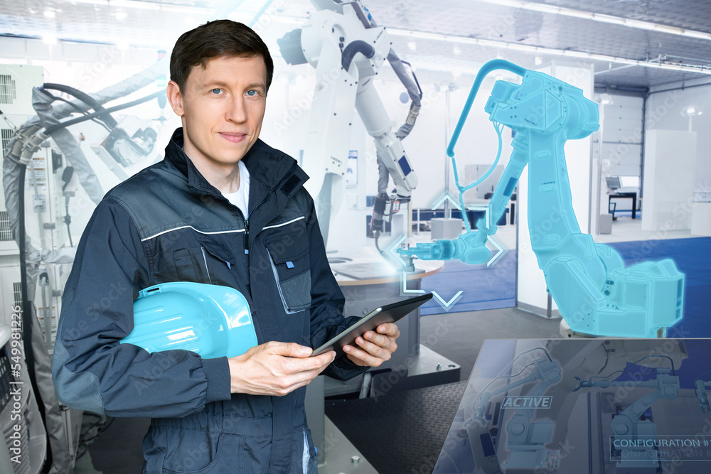 Poster Engineer uses a digital tablet to control robots in a smart factory. Smart industry 4.0 concept