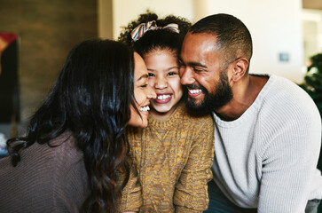 Black family, love and happiness portrait with a mother, father and child together with a smile,...