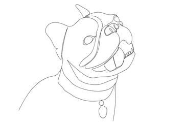 Smiling French bulldog one line drawing. Hand drawn abstract one line continuous dog. Portrait of a French Bulldog
