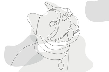 Smiling French bulldog one line drawing. Hand drawn abstract one line continuous dog. Portrait of a French Bulldog with gray spots