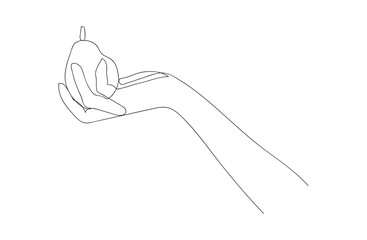 One line pear on the hand on white background. One continuous line art fruit for logo, poster