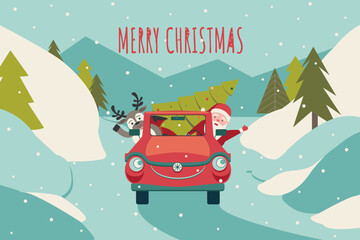 Santa and reindeer with gifts, xmas tree drive on road in snowy landscape. Christmas card in flat vector illustration. Cute characters in retro red car on poster for  Happy New Year
