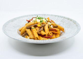 Italian penne pasta with meat cheese and bolognese sauce.