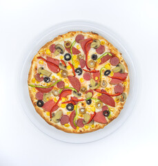 Italian pizza with salami and pepperoni from top view isolated on white background