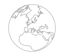 Continuous line art or one line drawing of global vector on white background. Africa and Europe