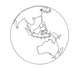 Continuous line art or one line drawing of global vector on white background. Australia, Asia