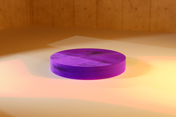 Purple velvet product advertisement stage on flat cream surface. Soft luxury presentation. Empty, plenty of copy space.