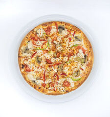 Chicken pizza with vegetables from top view isolated on white background
