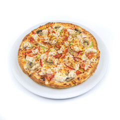 Chicken pizza with vegetables from top view isolated on white background