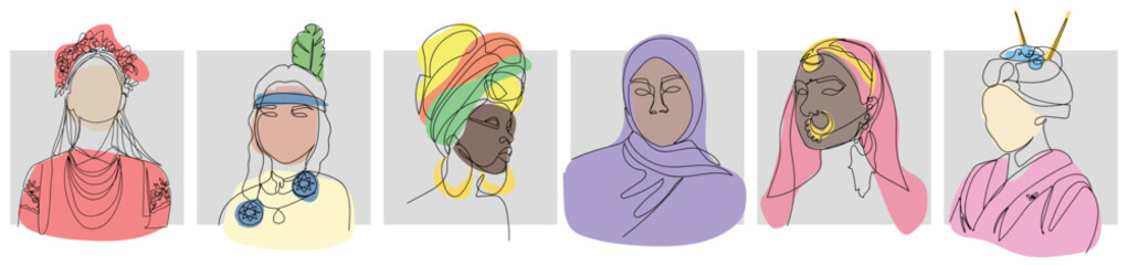 A group of beautiful female portraits of different nationalities. One line. International Womens Day. Ukrainian, Indian, African, Muslim, Arabian, Japanese woman