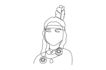 Vector linear portrait of an American Indian woman in a national costume. One line