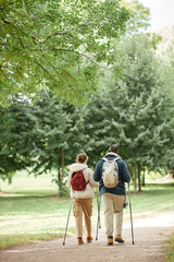 Back view of active couple walking with poles in autumn forest