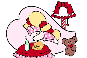 寝酒　夢心地　星空　流れ星　イラスト　眠る少女