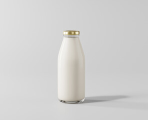 Milk tea in a clear glass bottle, a glass bottle of milk mockup, 3d rendering, 3d modeling