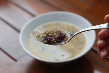 a close up of a bowl of green bean porridge and black sticky rice doused in coconut milk
