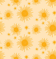 Design with cute yellow suns on a yellow background. Ideal for textile or object printing, children's decoration. Vector illustration.