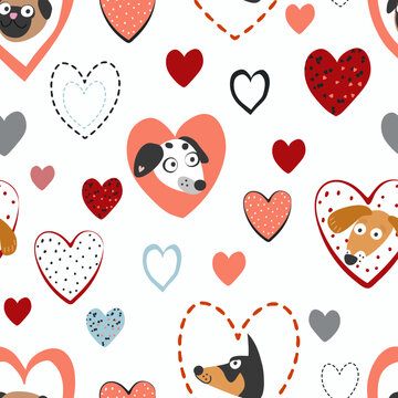 Dogs in hearts. Seamless pattern, vector illustration