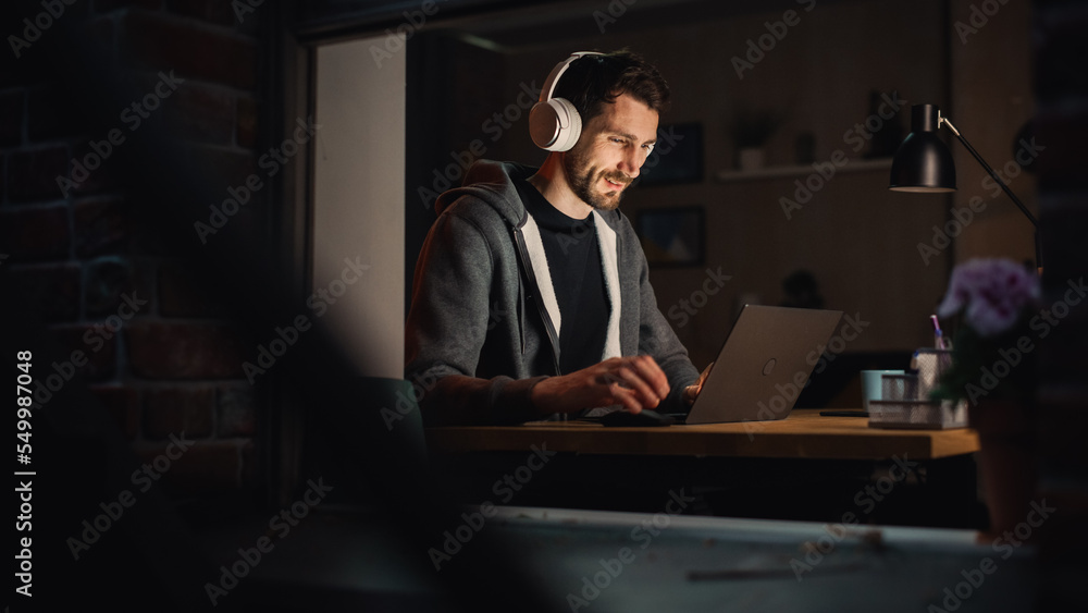 Aufkleber happy software developer working on a laptop. cheerful information technology specialist wearing hea