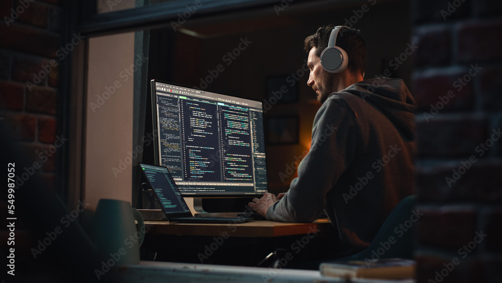 Fototapete Professional Software Developer Writing Mock-up Code with Basic Programming Language. Program Engineer. Information Technology Specialist. Remote Work Concept. View From Outdoors into Window.